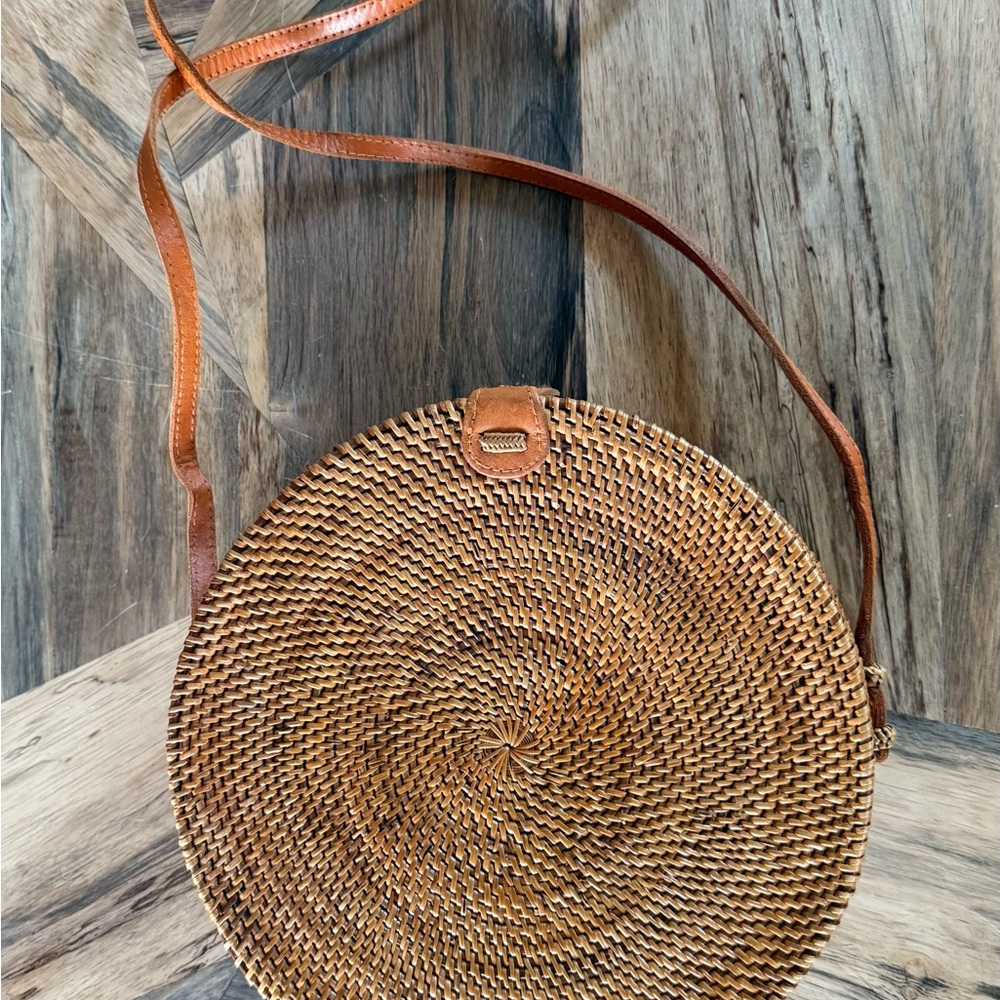 Round Woven Tan Crossbody Bag
